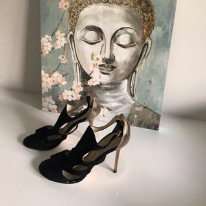 Jimmy Choo D O’rsay Black Suede and gold sandals